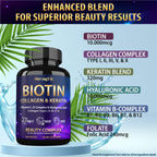 StrongVit Biotin with Hyaluronic Acid, Keratin, and Collagen Supplements - Hair Growth Vitamins for Women, Healthy Nails and Skin, B1, B2, B3, B6, B7 Complex, USA (120 Capsules)
