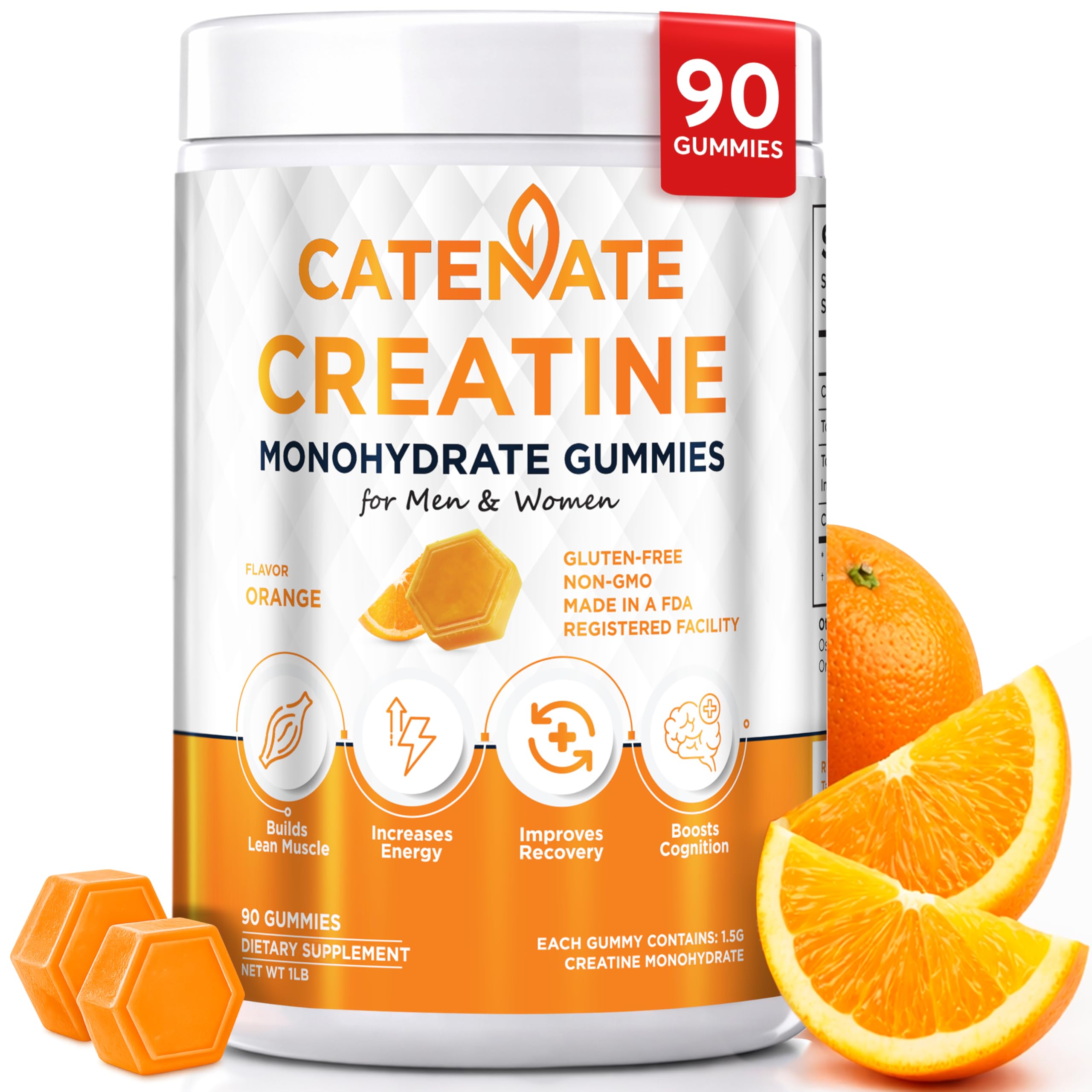 CATENATE Creatine Gummies for Women & Men, 4500MG Creatine Monohydrate Gummies, Great Taste, Muscle Strength, Endurance & Recovery Support, Vegan, Gluten-Free, Non-GMO, 90 Count (Orange)