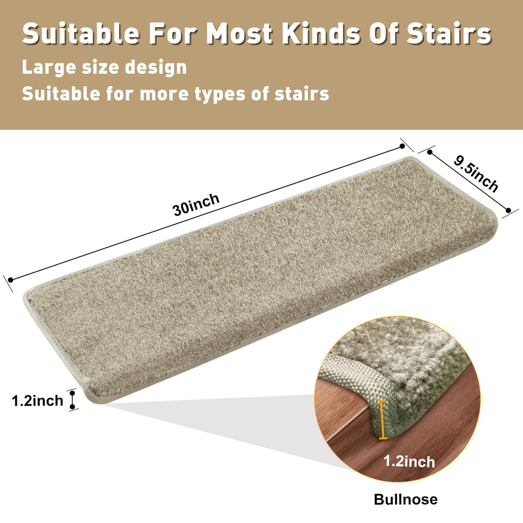 PURE ERA Bullnose Carpet Stair Treads Set Tape Free Non-Slip Indoor Stair Protectors Pet Friendly Rugs Covers Soft Skid Resistant Washable Reusable 9.5" x 30"(2 Pieces,Cream Gray)