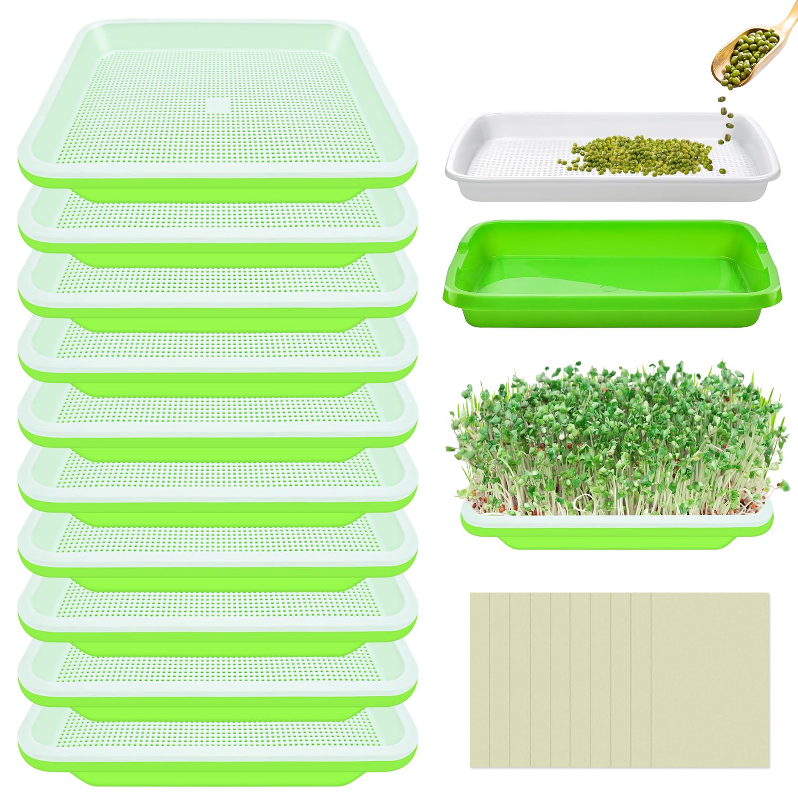 Legigo 10 Pack Seed Sprouter Trays- Soil-Free Cultivation Germination Tray, BPA Free Nursery Tray with Planting Paper for Indoors or Outdoors Sprouting Seeds, Grow Grass, Beans (Without Lids)