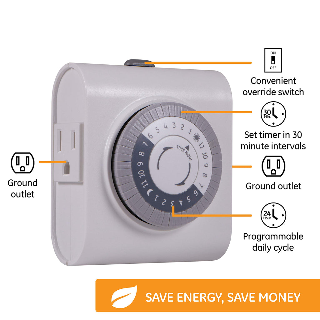 GE 24‑Hour Mechanical Outlet Timer Switch, Dual Grounded Plug‑in Control for Indoor Lighting, Lamps, Christmas Trees, Fans and Small Appliances (4 Pack), 66405