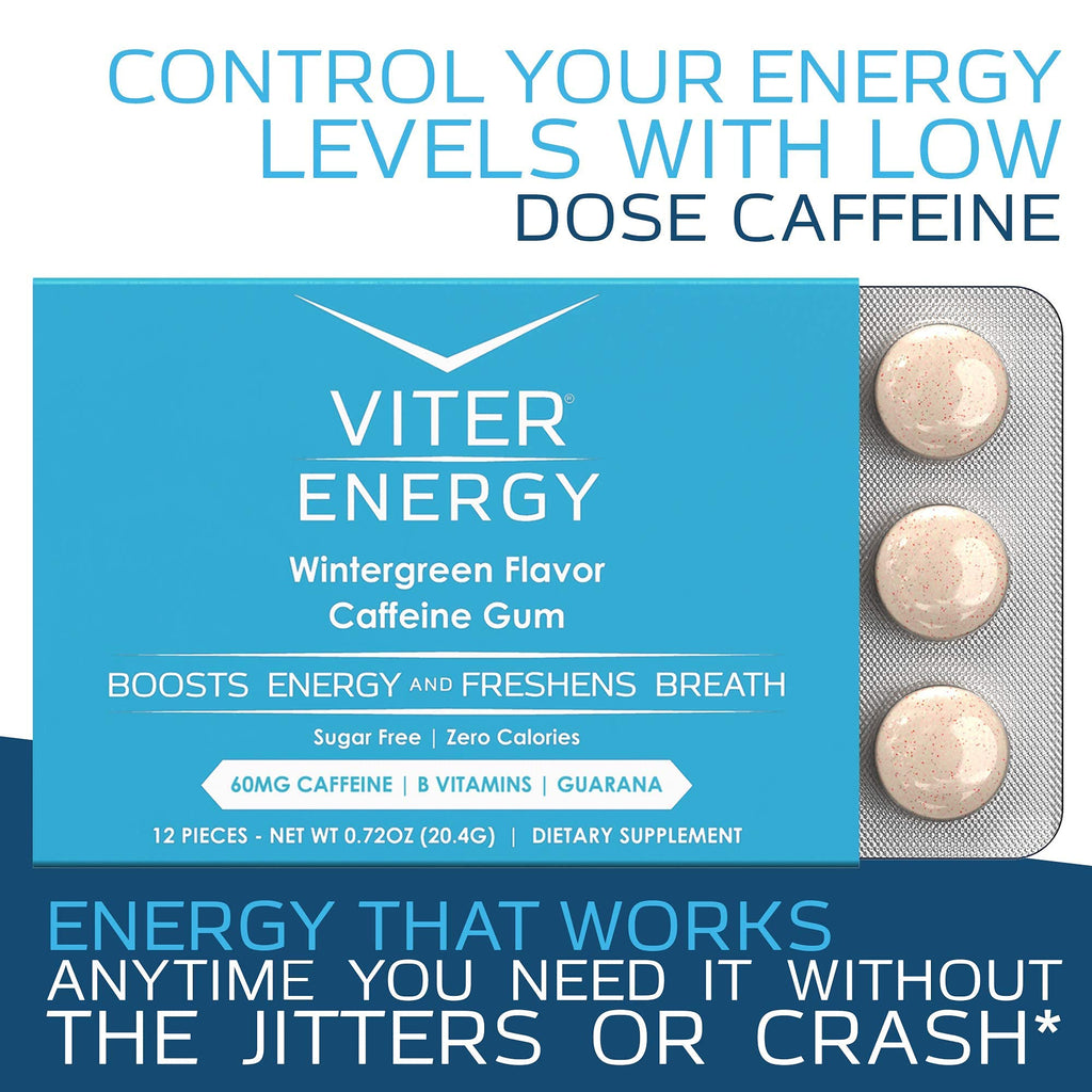 Viter Energy Caffeinated Gum 60mg Caffeine, B Vitamins, Guarana, Sugar Free. (Wintergreen, 12pcs, 6 Pack)