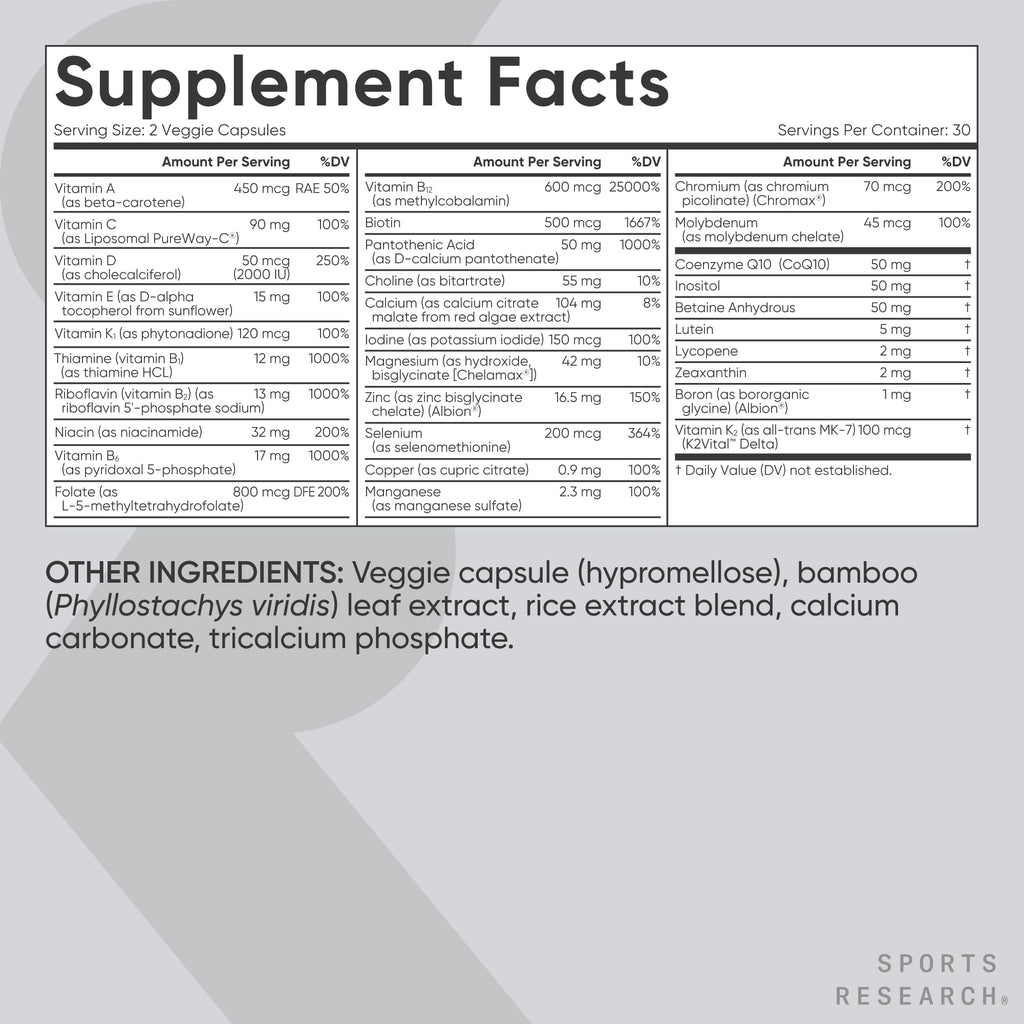 Sports Research® Multivitamin – Advanced Formula - 23 Essential Vitamins & Minerals with CoQ10 & Iodine - Daily Nutrient Support*- Non-GMO Tested & Gluten-Free -60 Veggie Capsules