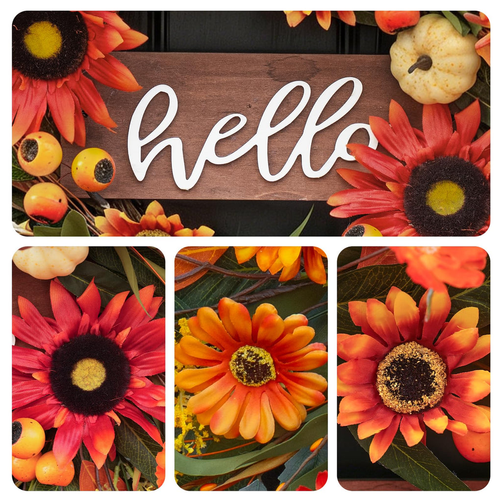 24 Inch Artificial Fall Wreaths for Front Door Outside with Hello Sign''