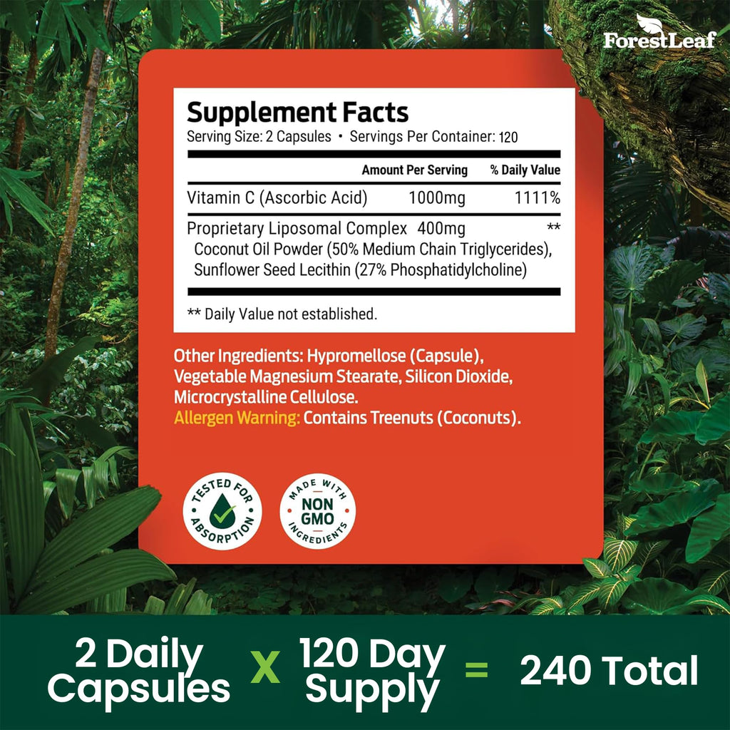 ForestLeaf Liposomal Vitamin C 1400mg Capsules | High Dose Vitamin C Liposomal Supplement w Coconut Oil Fatty Acids | Fast Absorption | Immune Support, Antioxidant, Collagen Production | 240 Vegan Cap