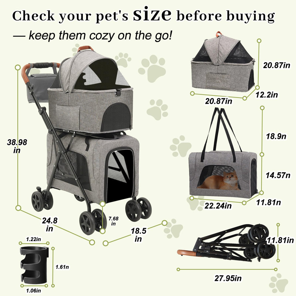 Double Pet Stroller with Detachable Carriers, Dog Stroller for Medium Dogs 20 lb, Foldable Dog Stroller for 2 Dogs,Easy Assembly Cat Stroller for 2 Cats with Cup Holder and Storage Bag for All-Terrain