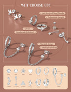 Florideco Silver Plated Flat Back Earrings Hypoallergenic Surgical Steel Earrings for Women Trendy Cartilage Chain Hoop Earring Studs Star Heart CZ Flatback Stud Earring Pack