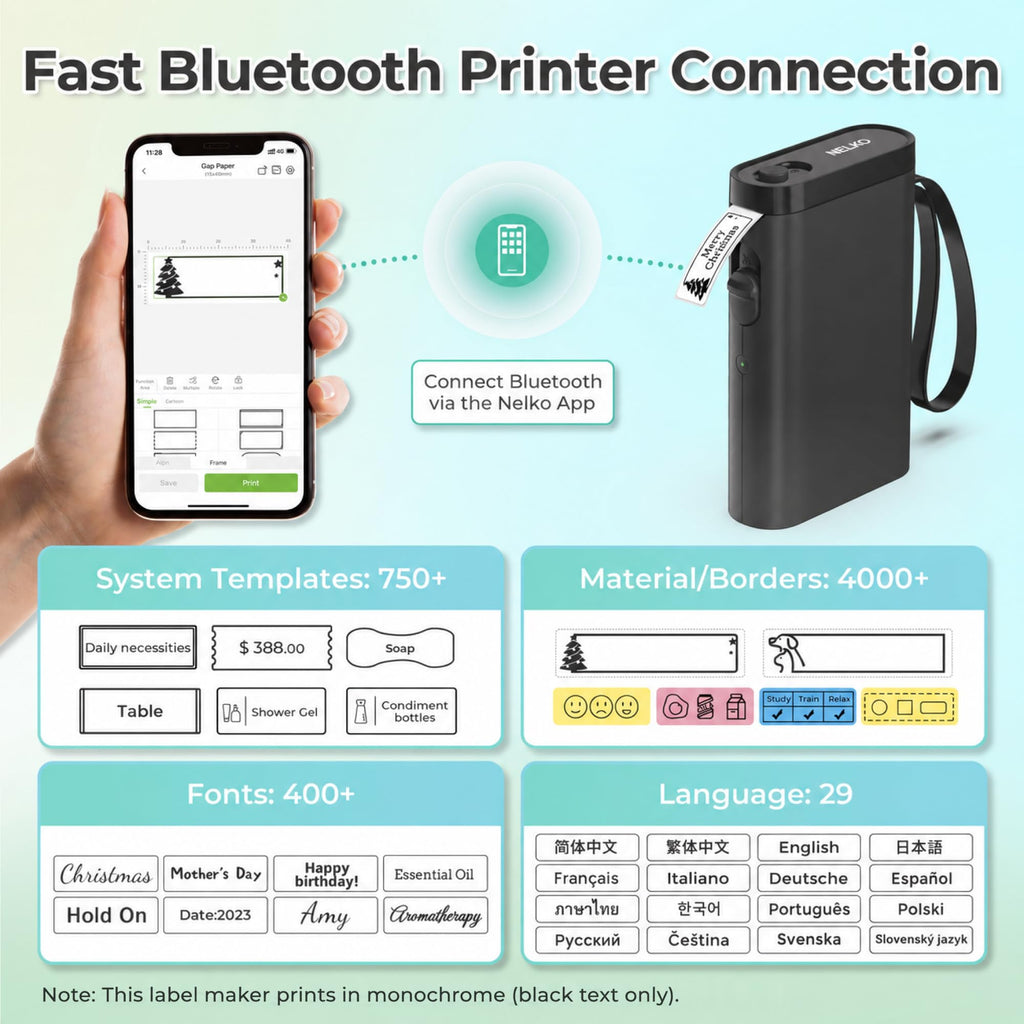 Nelko P21 Label Maker Machine with Tape, Bluetooth Label Printer, Black