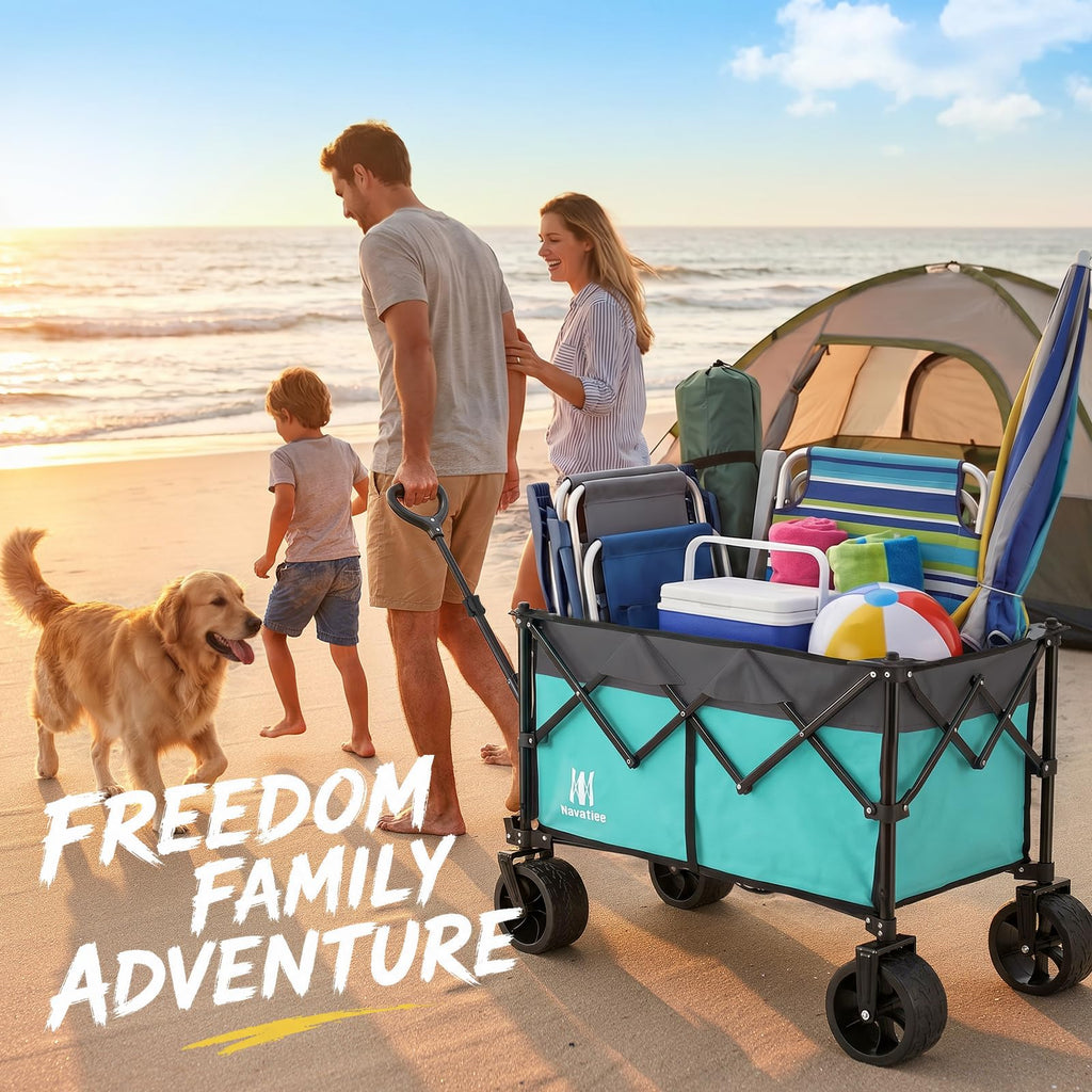 Navatiee 330Lbs Collapsible Folding Wagon, Beach Wagon Cart Heavy Duty Foldable with Big Wheels, Utility Grocery Wagon with 165L Large Capacity for Camping Garden Sports, Light Blue