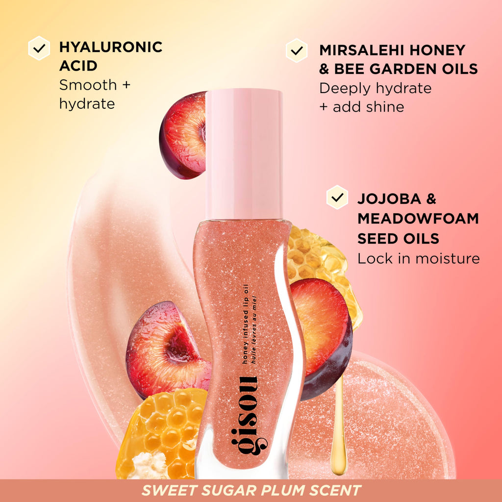Gisou Honey Infused Hydrating Lip Oil, Nourishing Lip Moisturizer for Dry Lips (Glazed Plum)
