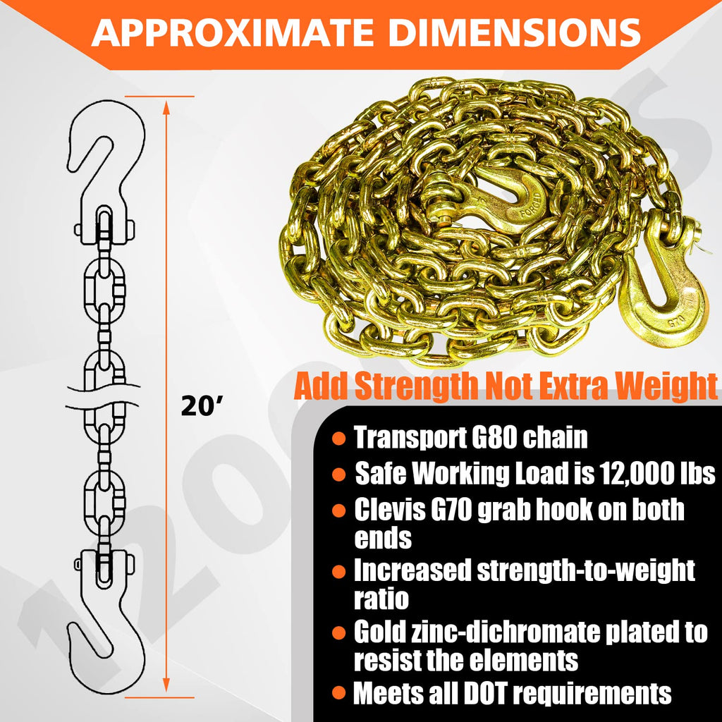 YATOINTO G80 Transport Binder Chain 1/2 Inch x 20 Foot Safety/Binder Chain with Clevis Grab Hooks 12,000 lbs Safe Working Load Logging Chain for Transporting Towing Tie Down Binding Equipment