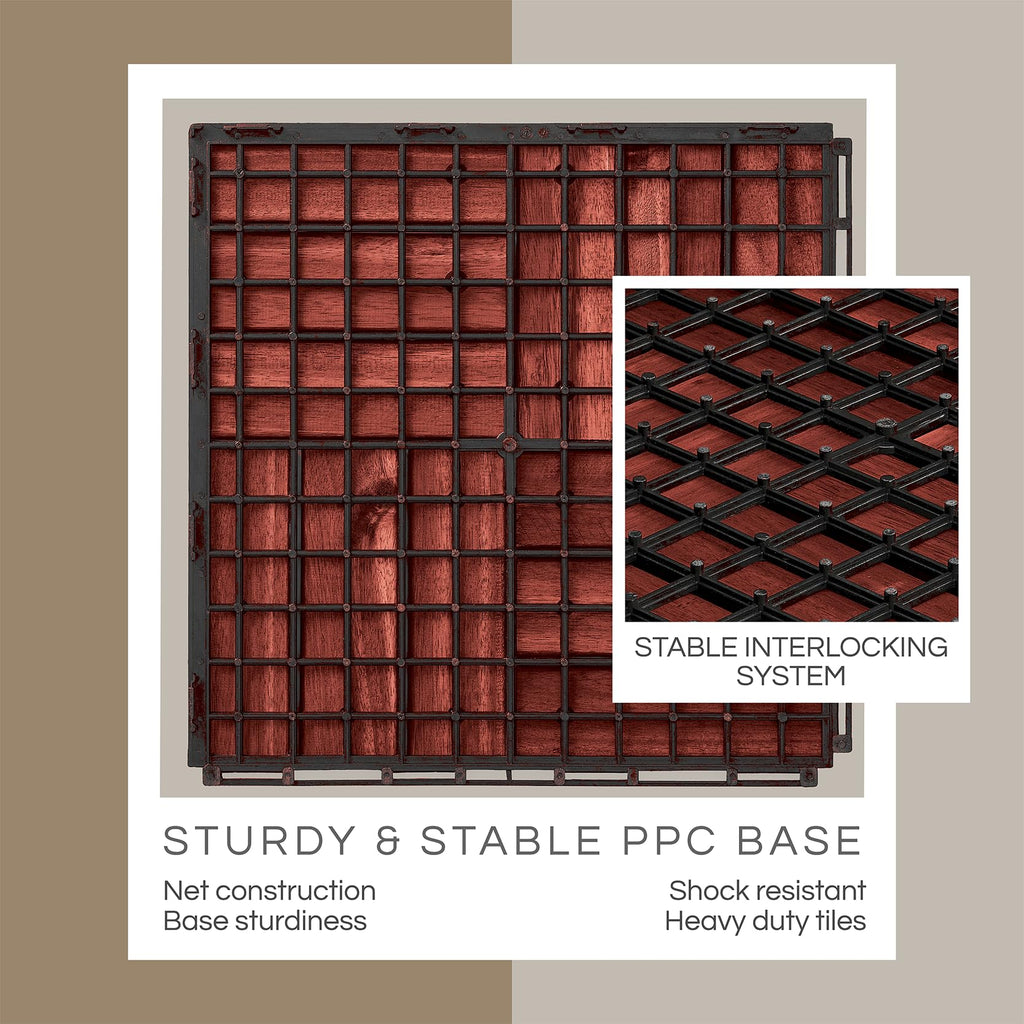 THYOI Deck Tiles, Patio Flooring - Outdoor Waterproof Acacia Wood Tiles for All Weather Use - Balcony, Backyard, Indoor & Outdoor (Natural Rosewood, Set 10 Crossed Pattern)