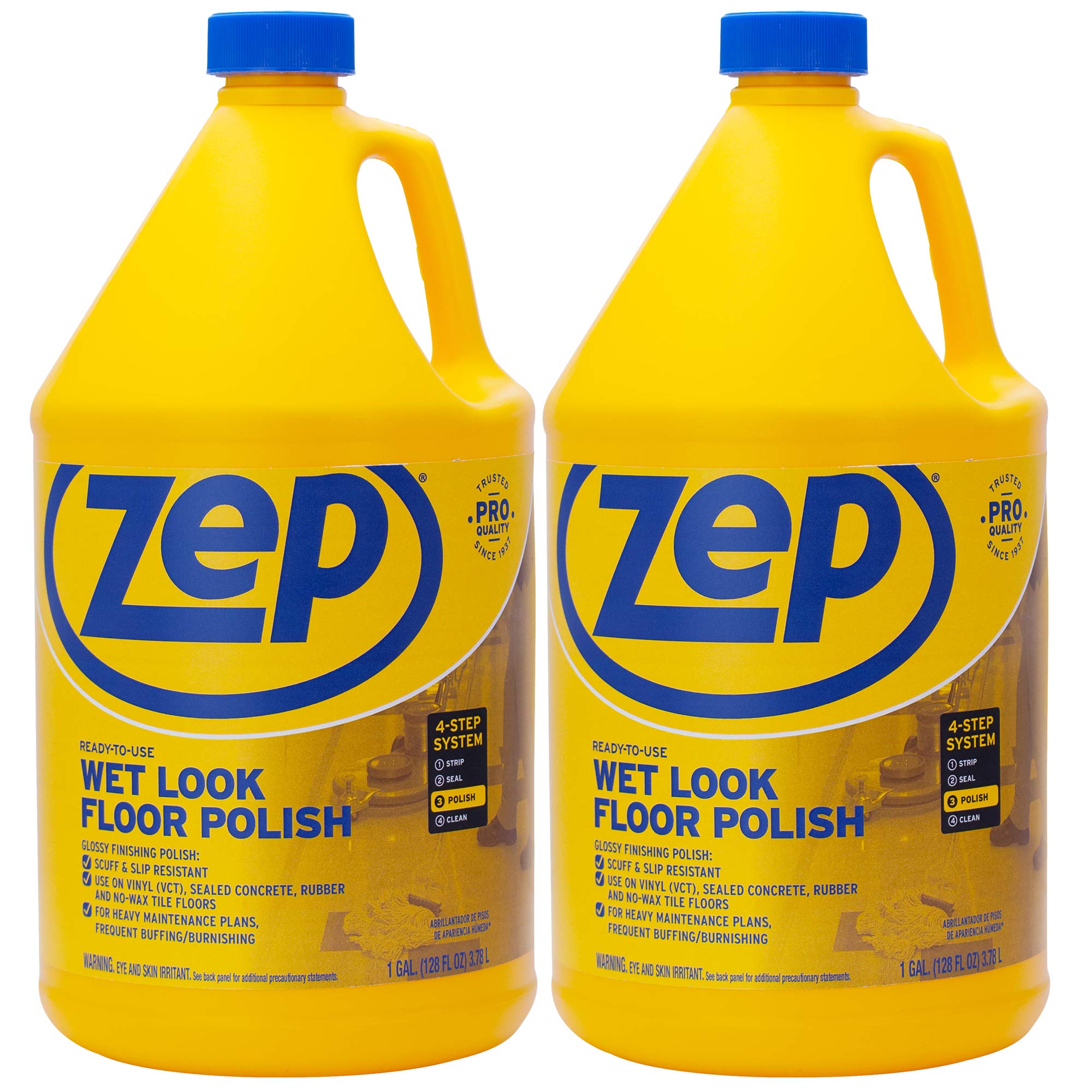 Zep Wet Look Floor Polish - 1 Gallon (Case of 2) ECZUWLFF1282 - Long Lasting Glossy Finishing Polish, Scuff & Slip Resistant, for Vinyl (VCT), Sealed Concrete, Rubber, and No-Wax Tile Floors