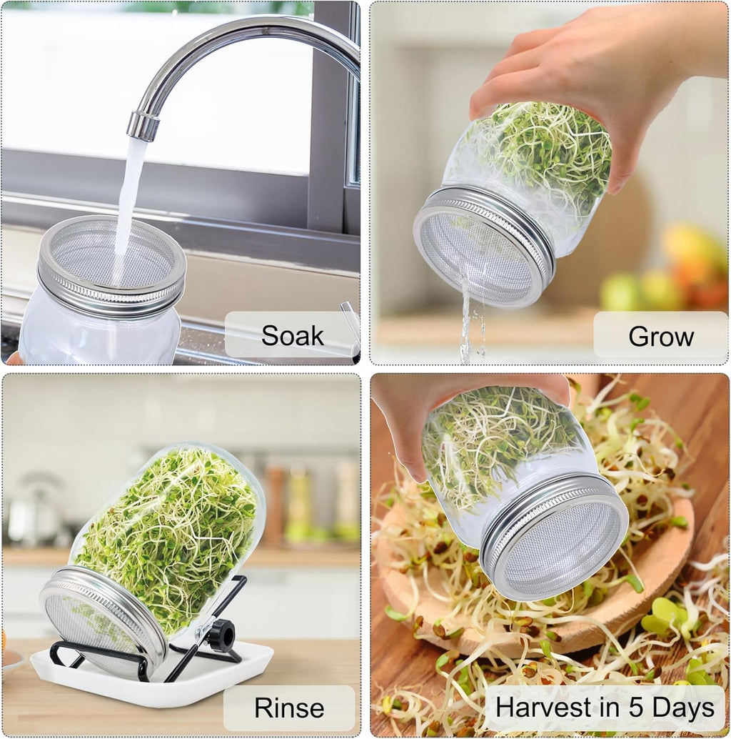 Sprouting Jar, Sprouts Growing kit, Mason Jar for Bean Sprouts Grow, Seed Sprouter Set for Growing Alfalfa, Mung Bea