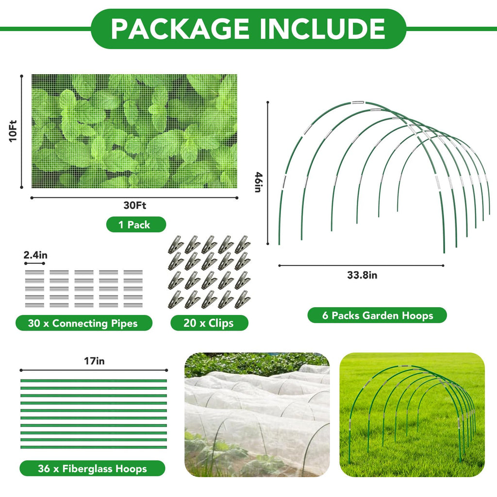 Garden Netting Kit for Raised Beds, 10x30FT Ultra Fine Mesh Netting ＆6 Sets Fiberglass Garden Hoops, Insect Netting for Garden Plant Row Cover Vegetable Flowers Protection Barrier