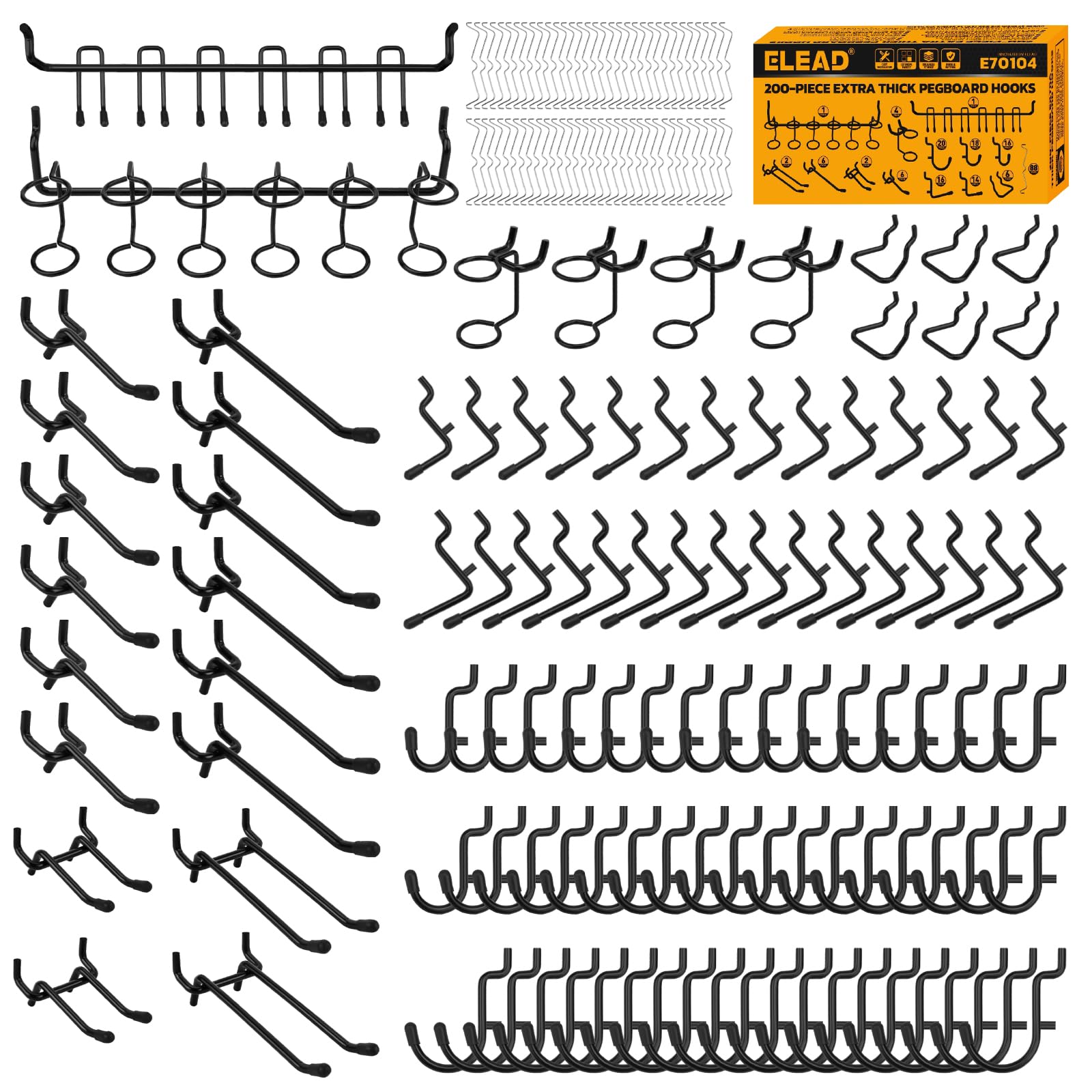 ELEAD 200-Piece Extra Thick Pegboard Hooks Set, 1/4" Heavy Duty Black Peg Board Organizer Accessories, Metal Pegboard Accessories with Pegs Lock, Peg Board Hooks for Hanging