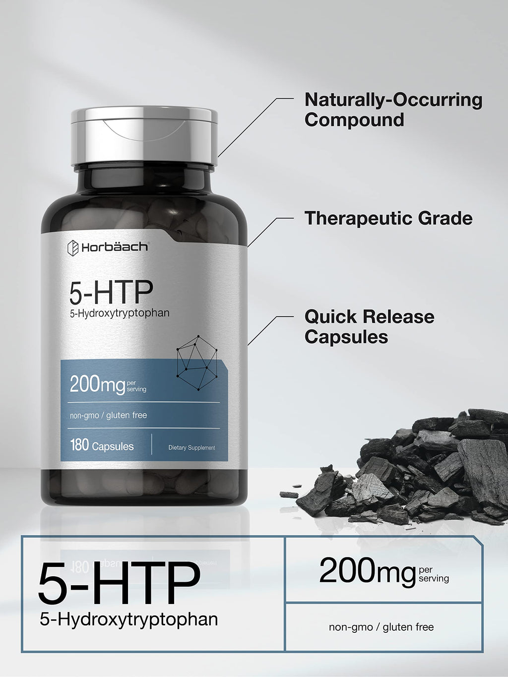 Horbäach 5HTP 200mg Supplement | 180 Capsules | 5 Hydroxytryptophan | Griffonia Simplicifolia | Extra Strength | Non-GMO, Gluten Free