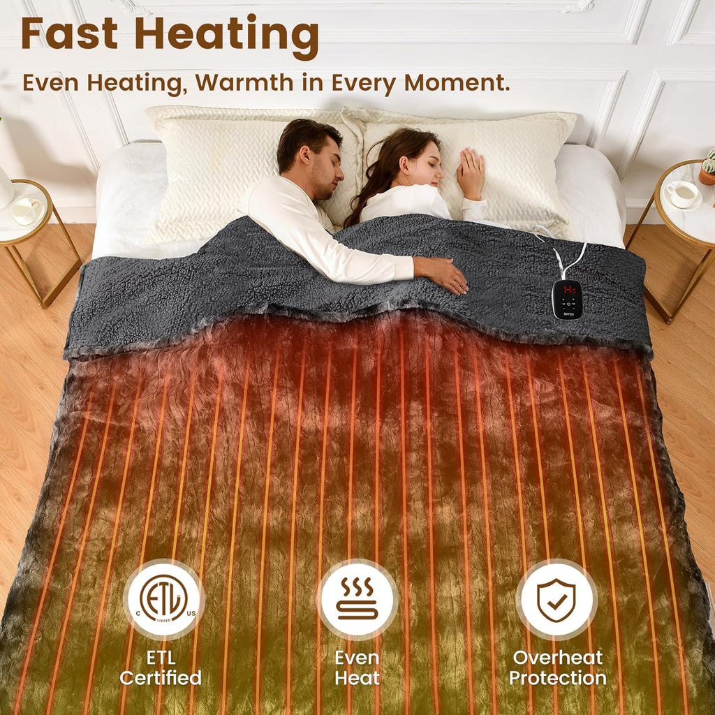 Bearhug Heated Blanket Full Size 77"x 84", Marble Black Electric Blanket, Reversible Faux Fur & Sherpa, 10 Heating Levels & 1-12H Auto Off, Over-Heat Protect, ETL, Washable Heated Blanket