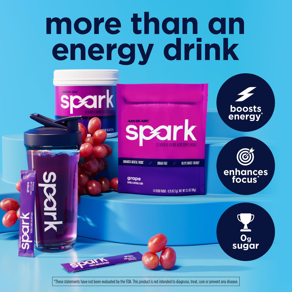 AdvoCare Spark - Energy Drink Mix - Vitamin & Amino Acid Supplement - Supports Energy & Focus - Portable Immune Support - Sugar-Free - Grape - 10.5 oz (42 Servings)