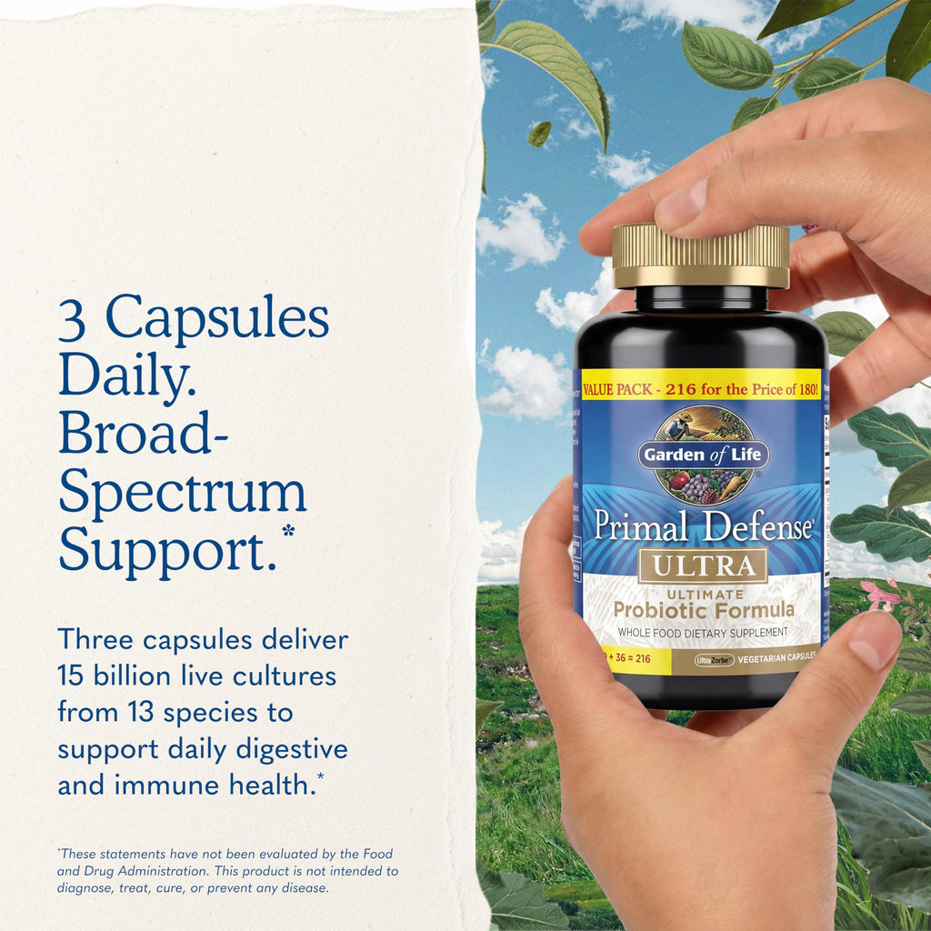 Garden of Life Probiotics for Digestive Health and Gut Health Balance, Primal Defense Ultra Ultimate Formula, 15 Billion CFU and 13 Strains Plus HSOs, Vegetarian and Gluten Free, 216 Capsules