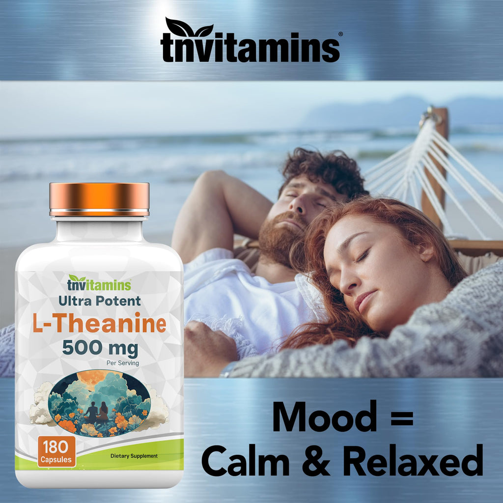 tnvitamins L-Theanine Capsules 500 mg Per Serving, 180 Capsules | Calm Focus & Relaxation Support* | Helps Promote Stress Balance, Mental Clarity & Mood Support* | Non-GMO, Made in USA
