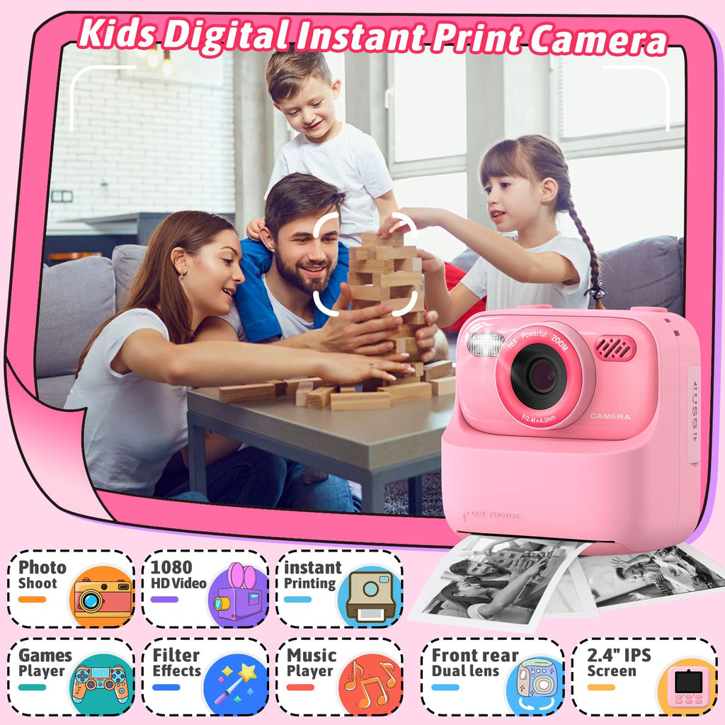 Kids Instant Digital Cameras for Boys and Girls, 1080P HD Dual-Lens Selfie Digital Camera with Print Paper & TF Card, Christmas Birthday Gifts Toys for Toddler and Teenagers Age 3-16 Years Old