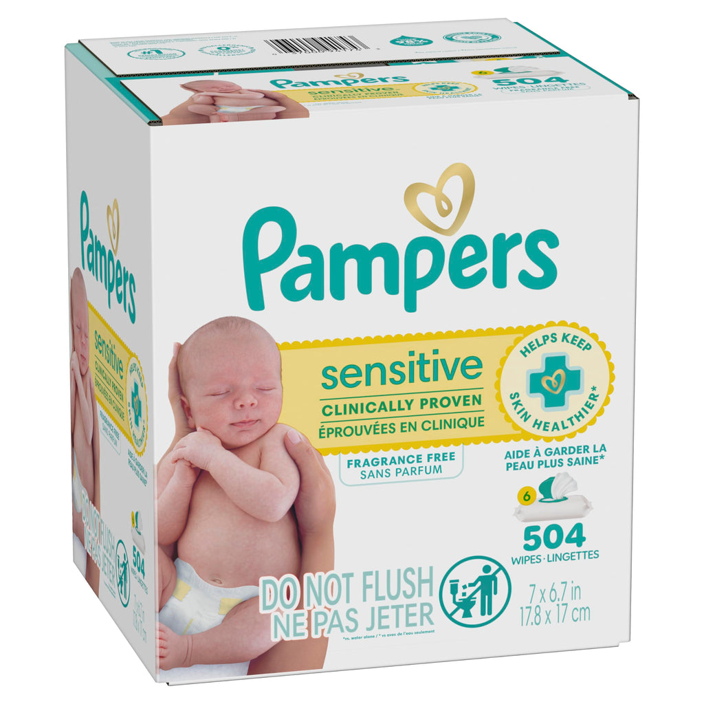 Pampers Sensitive Baby Wipes, Unscented, Fragrance Free, Clinically Proven, Water Based, Hypoallergenic, Multi-Use, Hand Wipes, 504 Wipes Total (9X Flip-Top Packs)