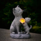 QZFFZQ Solar Cat Garden Statue Outdoor Decor - Mother & Kitten Figurines with Flower LED Light, Outside Yard Art Patio Balcony Lawn Ornament, Unique Gifts for Cat Lover
