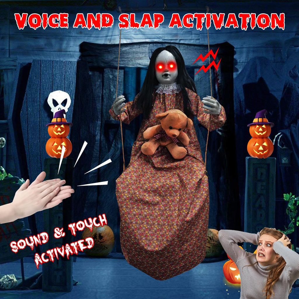 Scary Halloween Decorations Outdoor, 45-Inch Hanging Swinging Doll Girl