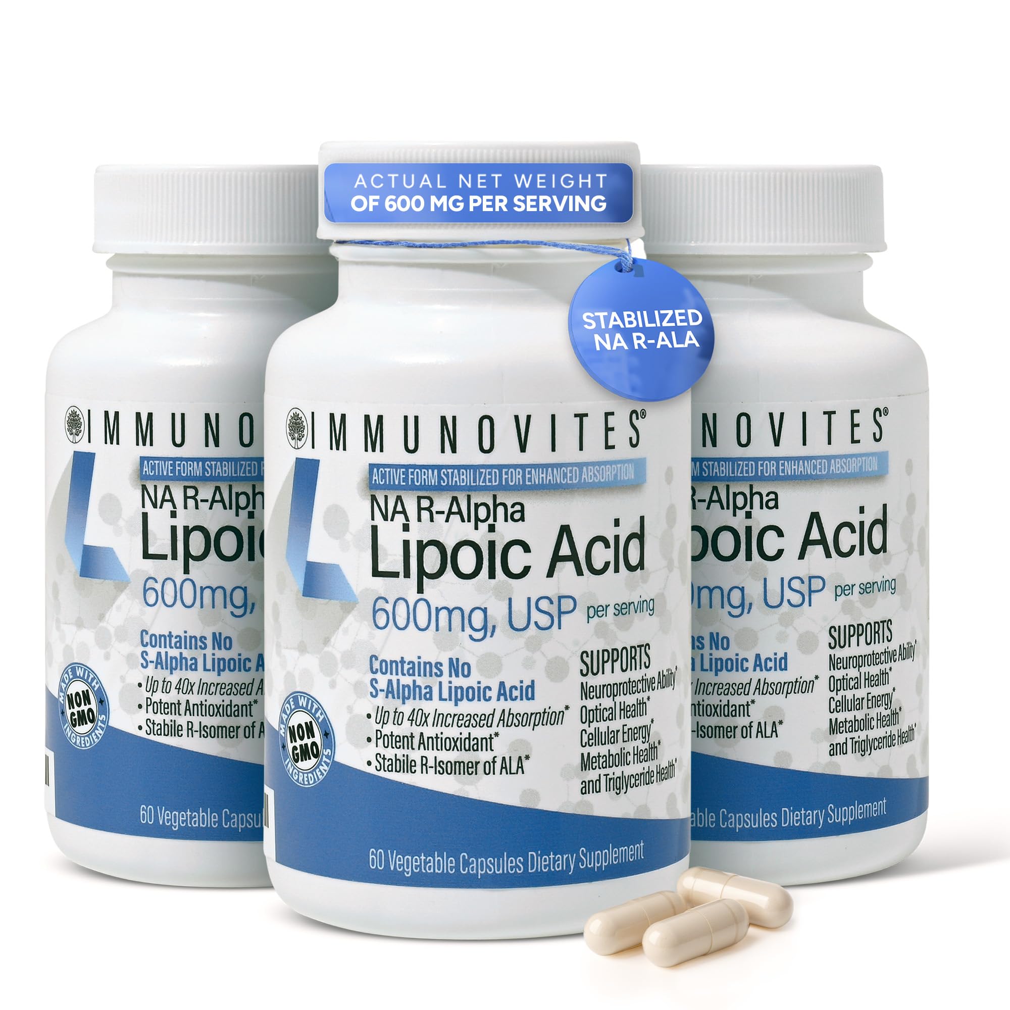 IMMUNOVITES 3-Pack Stabilized R-Alpha Lipoic Acid ((True)) 600mg per Serving [[High Potency & up to 40x Increased Absorption]] (Na R-ALA) (Na R-LA) (Na R-Lipoate) (3 Bottles)