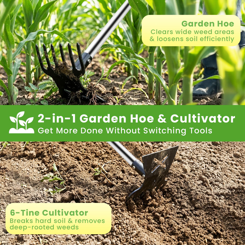 2 in 1 Garden Hoe for Weeding and Cultivator Rake with 57" Long Handle