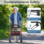 HOMLAND Foldable Rollator Walkers with Seat for Seniors, 8'' Big Wheels, 350 lb. Weight Capacity, Adjustable Handles and Seat Height, Lightweight Rolling Walker, Red