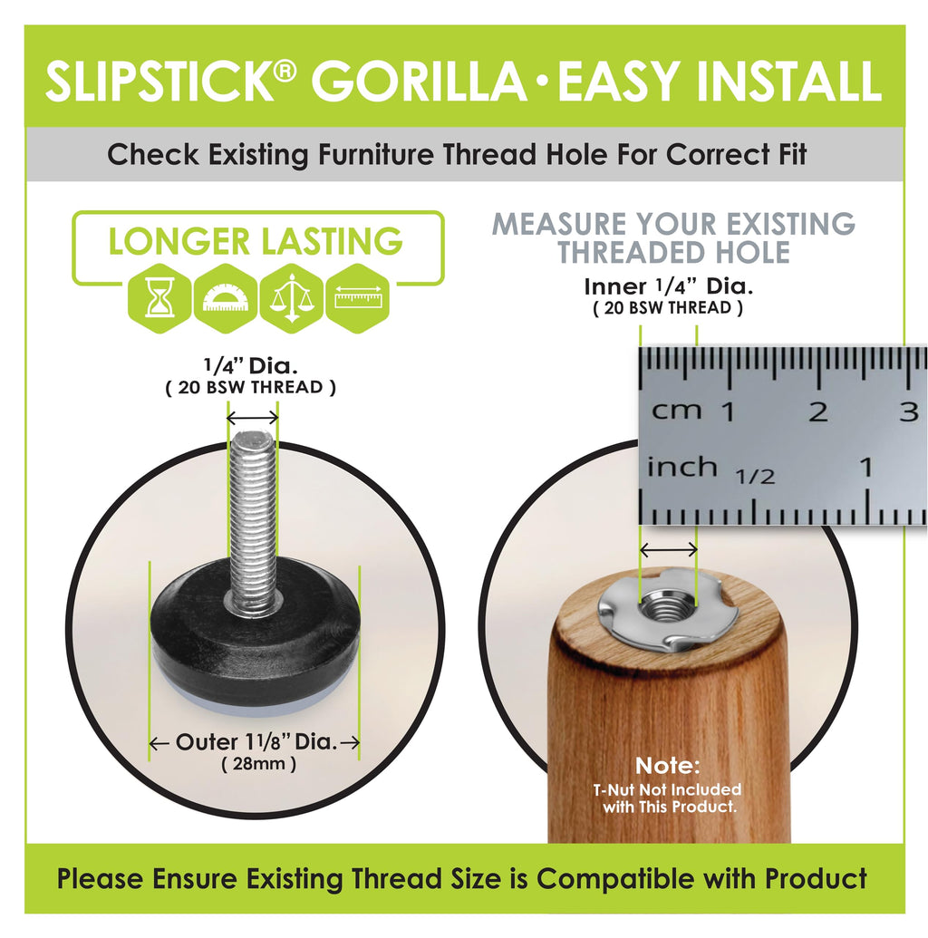Slipstick Gorilla Outdoor Adjustable Furniture Levelers (8 Pack) Weatherproof Screw in Leg Glides for Chairs, Tables, and Outdoor Furniture Feet, 1-1/8 Inch Slider Glide, 1/4"-20 BSW Thread