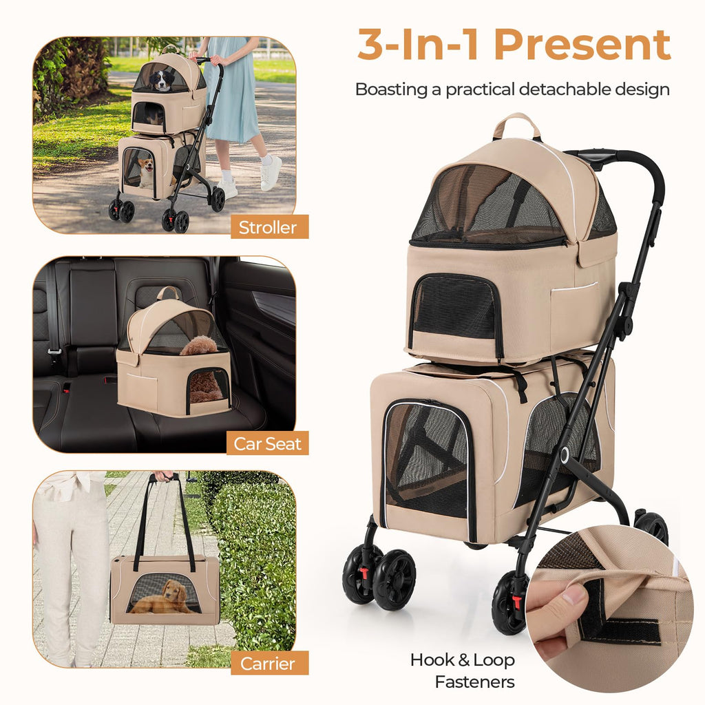 HAPPAWS 4-in-1 Double Pet Stroller with 2 Detachable Carriers, Foldable Dog Cat Travel Stroller for Small Medium Pets, Travel Cat Bag with Safety Belt & Lockable Wheels, Beige