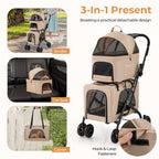 HAPPAWS 4-in-1 Double Pet Stroller with 2 Detachable Carriers, Foldable Dog Cat Travel Stroller for Small Medium Pets, Travel Cat Bag with Safety Belt & Lockable Wheels, Beige