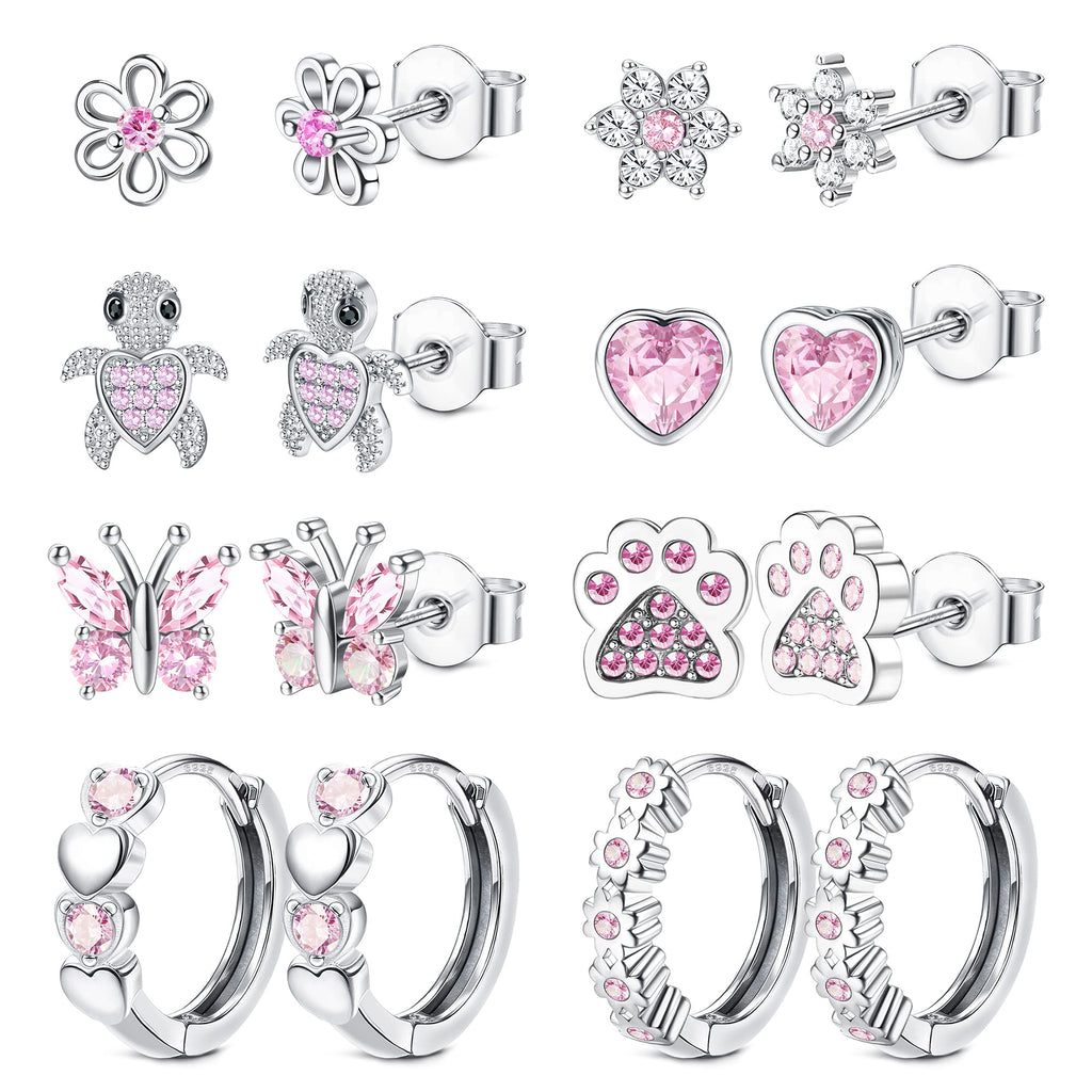 HAIAISO 8 Pairs 925 Sterling Silver Post Stud Earrings Set Hypoallergenic Pink Heart Cz Earrings Cute Butterfly Flower Dog Paw Turtle Stud Earrings Hoops Earrings For Women (Pink) Over 3 Years Old