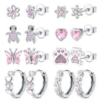 HAIAISO 8 Pairs 925 Sterling Silver Post Stud Earrings Set Hypoallergenic Pink Heart Cz Earrings Cute Butterfly Flower Dog Paw Turtle Stud Earrings Hoops Earrings For Women (Pink) Over 3 Years Old