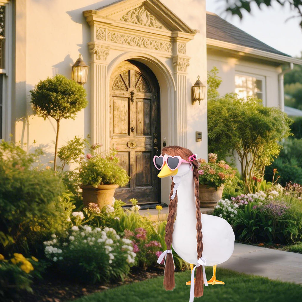 MuMyer 4 Pcs Porch Goose Wigs, Funny Lawn Porch Goose Statue Braid Wig with Hair Clips and Sunglasses for Outdoor Garden Patio Yard Goosey Decoration