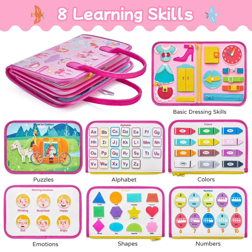 Freebear Deluxe Pink Princess Quiet Book Sensory Board for Toddlers 1-4, Montessori Educational Toys for Girls, Travel Toys with Activities