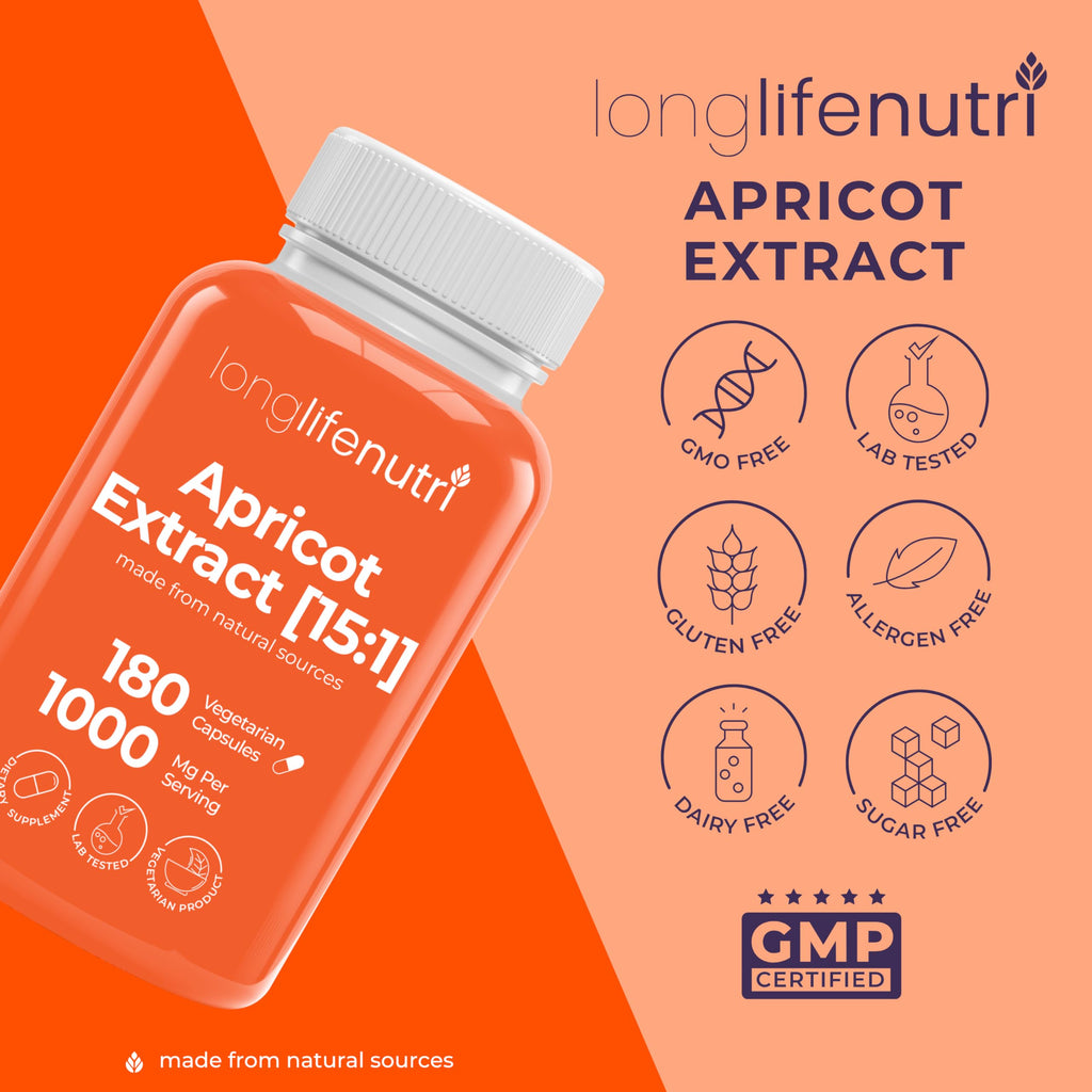 Apricot Extract - Advanced Formula, 1000mg per Serving, 180 Vegetarian Capsules for Natural Vitality, 3-Month Supply, Organic from Prunus Armeniaca - 15:1, Made in USA, Lab Tested, Non-GMO