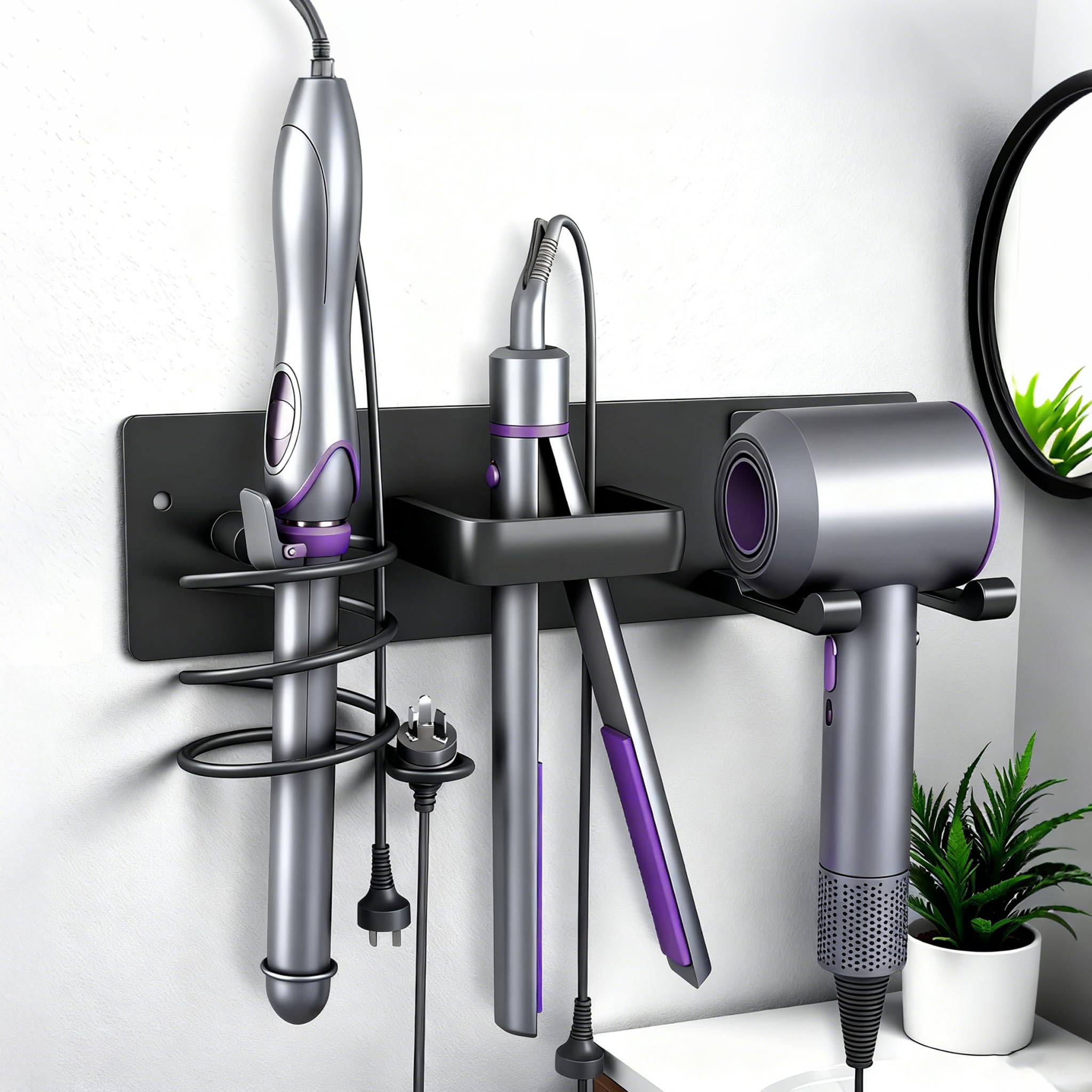 Dovyn Blow Dryer Holder Wall Mount, 3 in 1 Bathroom Hair Tool Organizer with Curling Iron Holder & Flat Iron Holder, Universal Hair Dryer Holder Rack Storage Matte Black