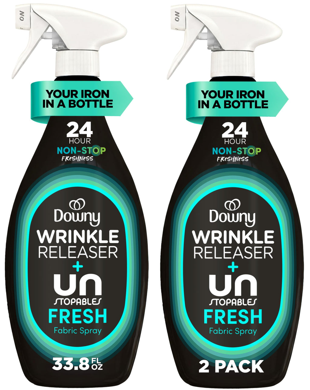 Downy Wrinkle Releaser Spray, All In One Wrinkle Release Spray, Odor Eliminator, Static Remover, Fabric Refresher & Ironing Aid for Clothes, 33.8 Fl Oz (Pack of 2), Light Fresh Scent