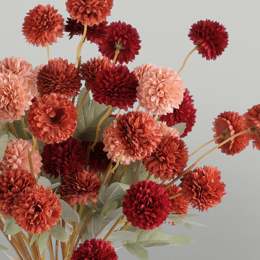 Hananona 12 Pcs Artificial Chrysanthemum Flowers, Orange Kiku Pom Pom Mums Flower Faux Fall Floral for Autumn Halloween Kitchen Table Centerpiece Home Decor (12, Burgundy, Burnt Orange, Deep Peach)