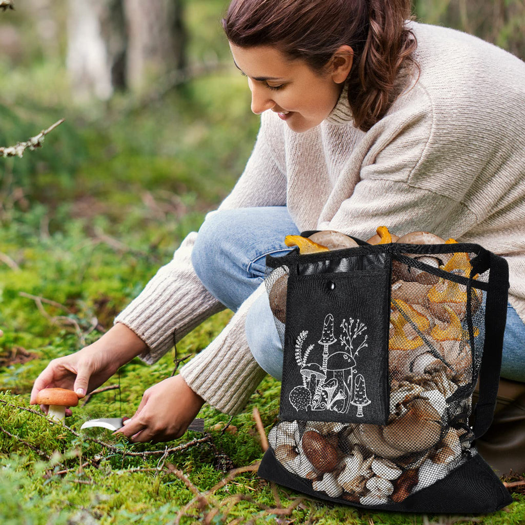Seajan 18 Pcs Mushroom Foraging Kit with Hunting Bag, Knife Brush Guide Cards and Notebook for Mushroom Lovers(Black)