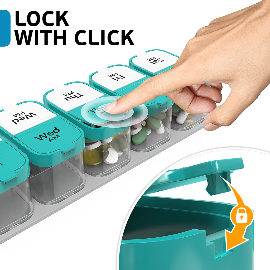 Extra Large Weekly Pill Organizer - XL Vitamin Holder with 7 Detachable AM PM Compartments - Portable Medicine Dispenser for Home and Travel, Big Supplement Container for Weekly or Daily Use, Mint