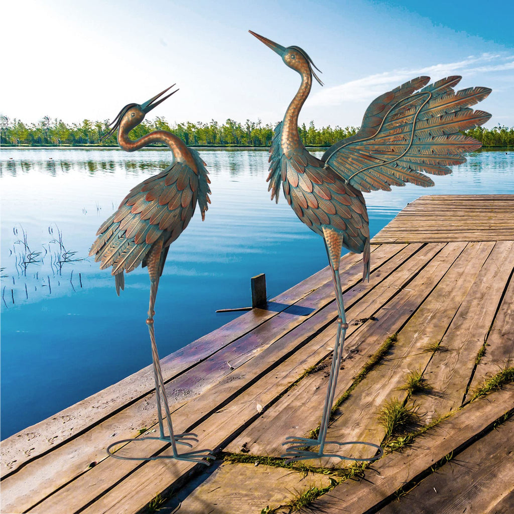 Oritty Crane Statues for Garden Decor, Metal Crane Yard Art Statues, 2PCS