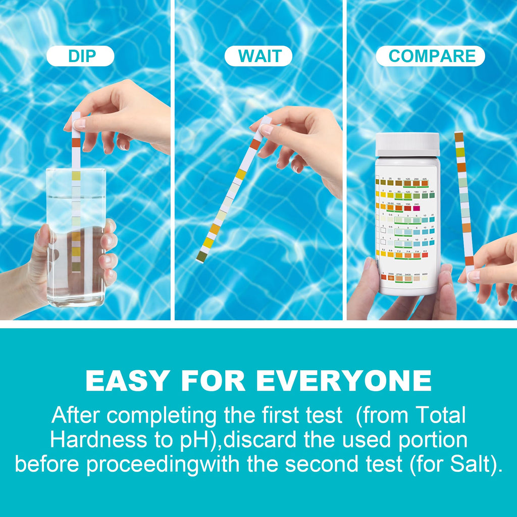 Salt-Water Pool Test Strips Kit: 150 Counts 8-in-1 for Salt Water Pool Testing Kit, Salt Pool Test Strips for Hot Tub Spa Testing Salt Chlorine pH and More