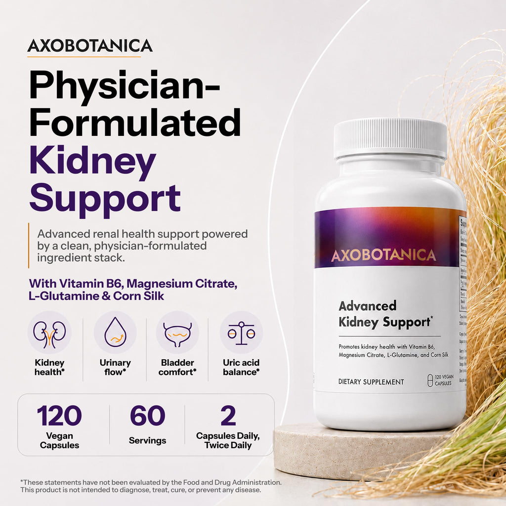 Axobotanica Kidney Cleanse Detox & Repair - Vitamin B6, Magnesium, L-Glutamine & Cornsilk - Kidney Support Supplement, Urinary Flow & Bladder Comfort - 120 Capsules (1 Bottle, 60 Servings)