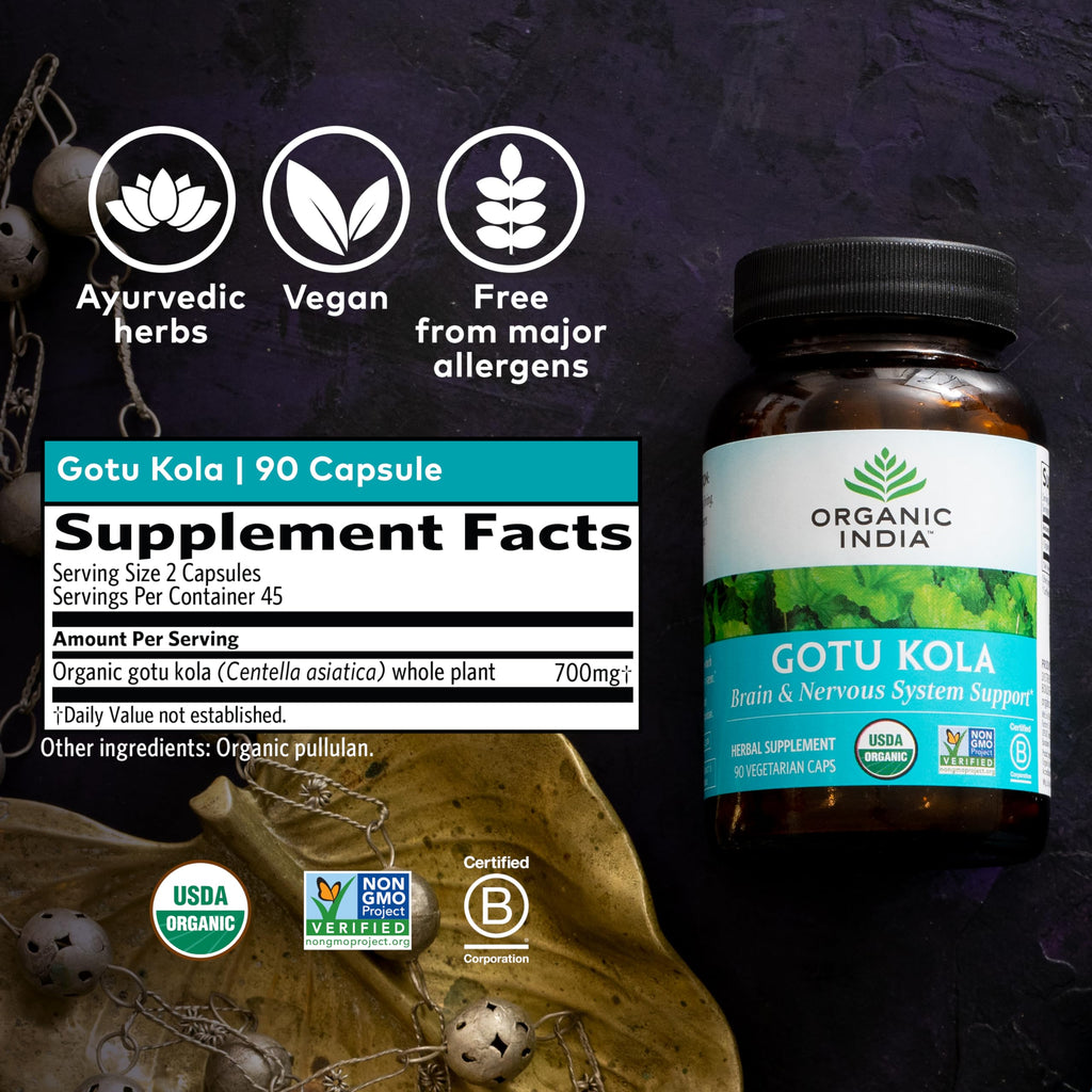 ORGANIC INDIA Gotu Kola Herbal Supplement - Adaptogen for Brain & Nervous System Support, Vegan, Gluten-Free, Kosher, USDA Certified Organic, Non-GMO, Calming, Mental Clarity - 90 Capsules