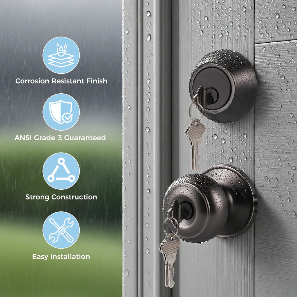 KNOBWELL Keyed Entry Door Knob and Single Cylinder Deadbolt Combo Set, Exterior Door Knobs for Entrance and Front Door, Keyed Alike Knob and Deadbolt, Oil Rubbed Bronze, 10 Pack